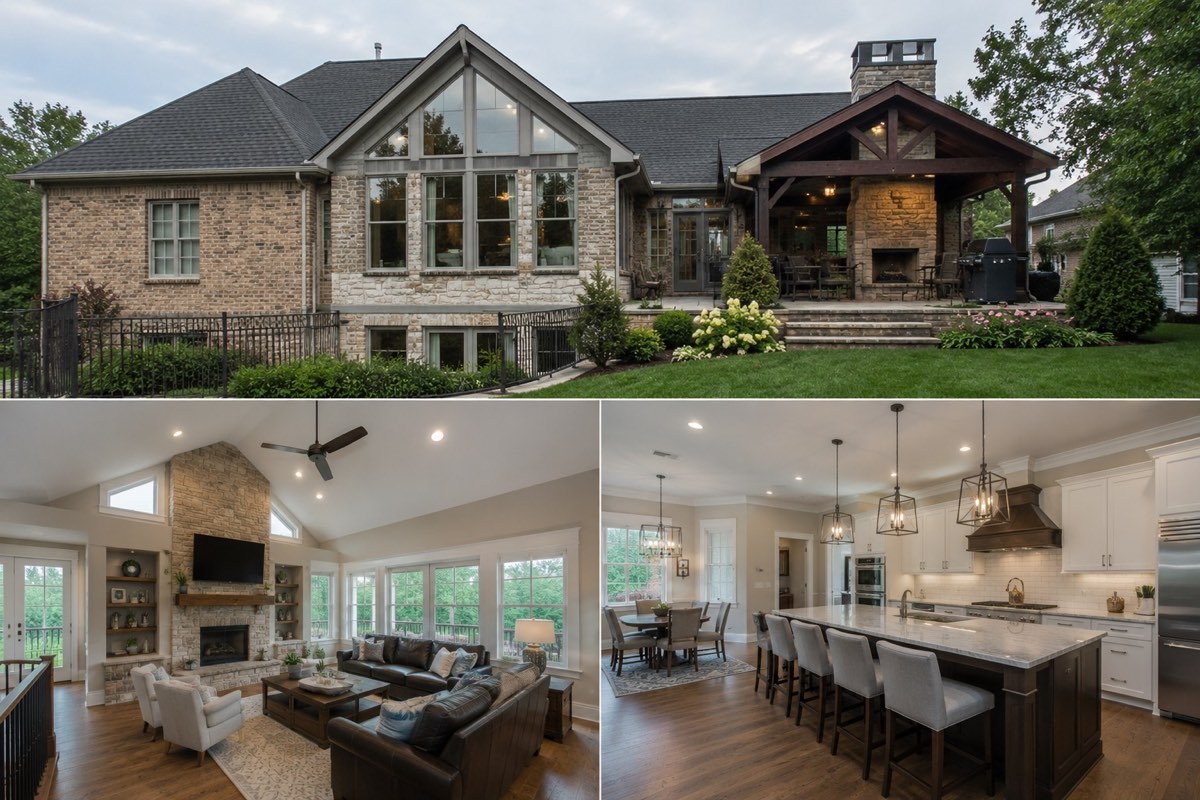 Three views of a finished addition: the brick and stone exterior with a covered outdoor living area, a vaulted living room with a stone fireplace, and an open kitchen with a large island