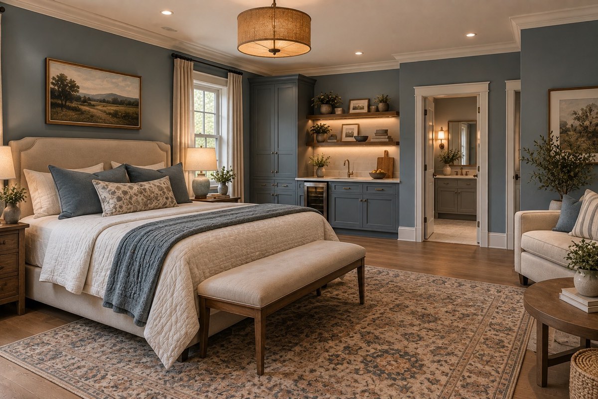 A bedroom with blue gray walls, a kitchenette with counter and cabinets along the back wall, an open doorway through to a bathroom, a bed, a sofa and an armchair