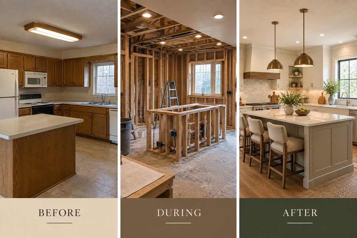 A three stage illustration of a kitchen remodel: the original room with wood cabinets and a small island, the same room opened up to the framing, and the finished kitchen with an island, brass pendant lights and a range hood