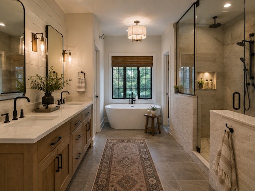 Bathroom with a double vanity, freestanding tub and a glass walk-in shower