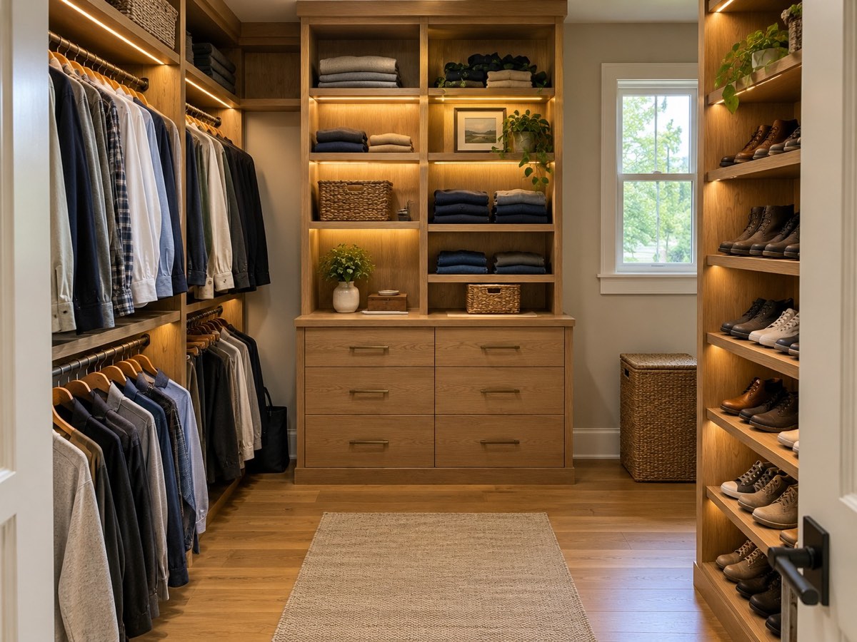 Walk-in closet with warm oak built-ins, double hanging rods, lit open shelving above a bank of drawers and angled shoe shelves beside a window