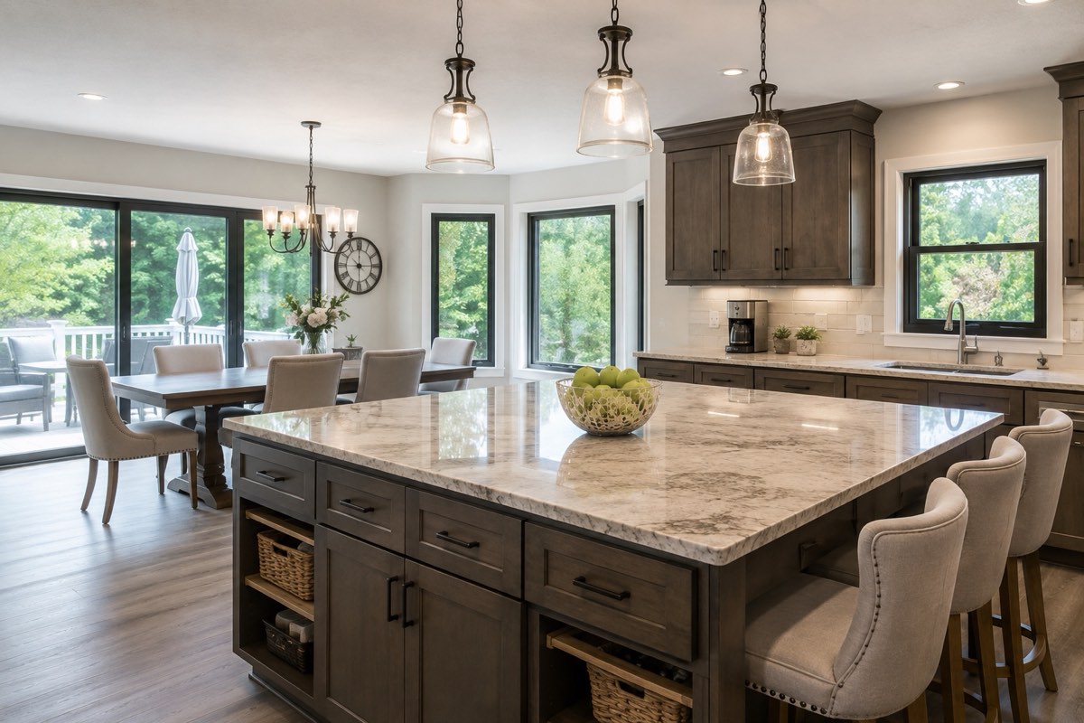 Open kitchen with a large stone topped island, pendant lighting and a run of cabinetry