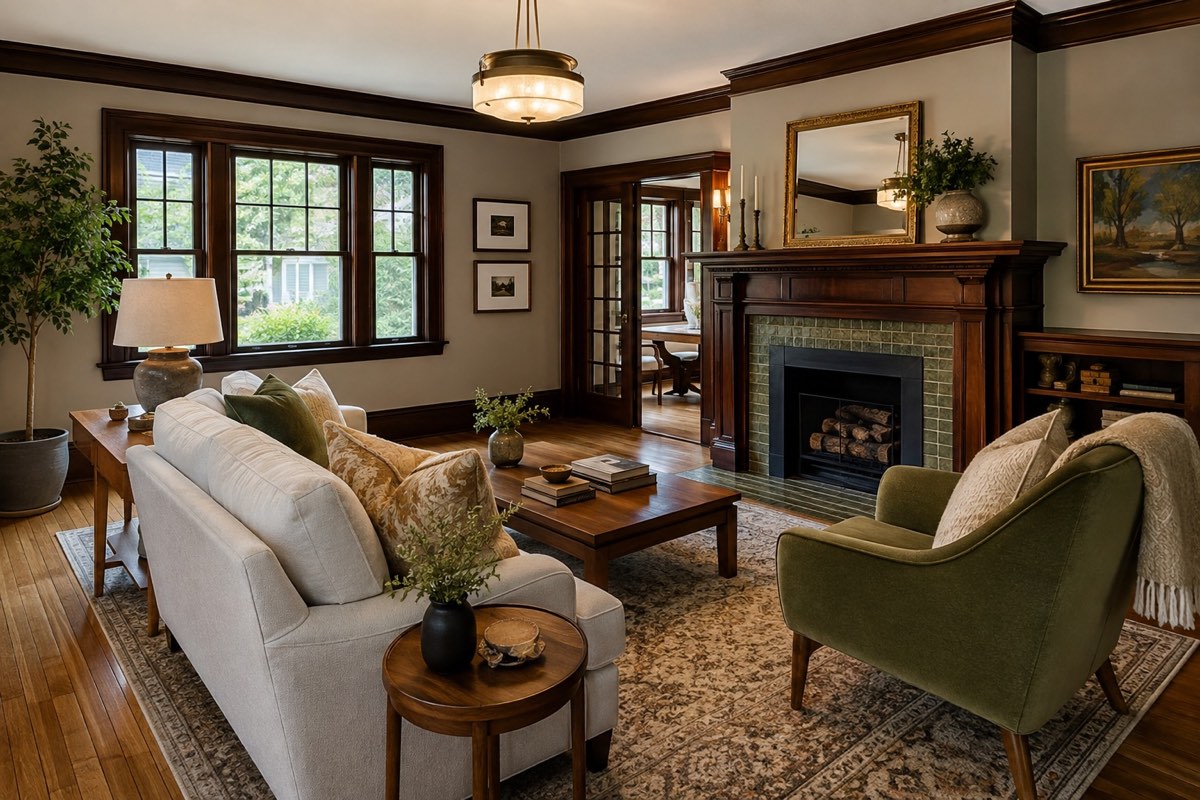 Traditional living room with dark wood trim, a tiled fireplace and hardwood floors